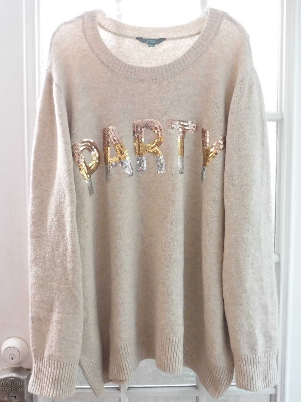 Terra & Sky Sequined "PARTY" Beige Crewneck Long Sleeve Sweater